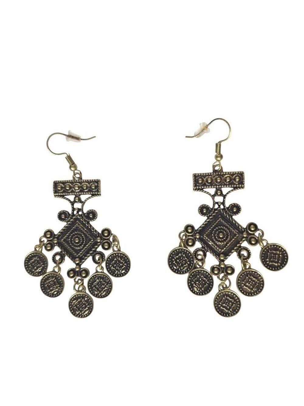 Boho Tribal Earrings Antique Gold Tone Coin Charm